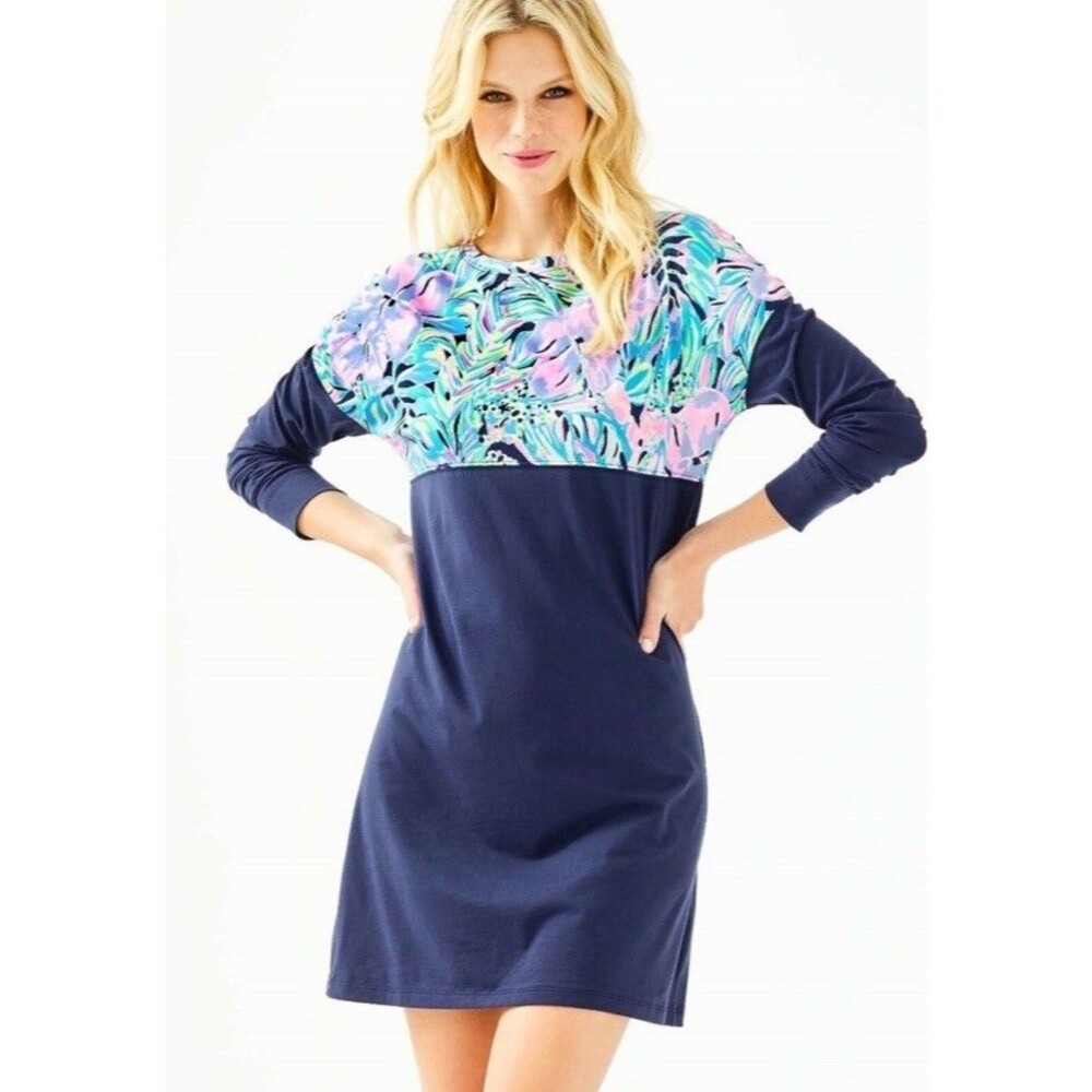 Lilly Pulitzer Finn Dress Bermudaful S Navy Blue Floral Multicolor Shift Beach
